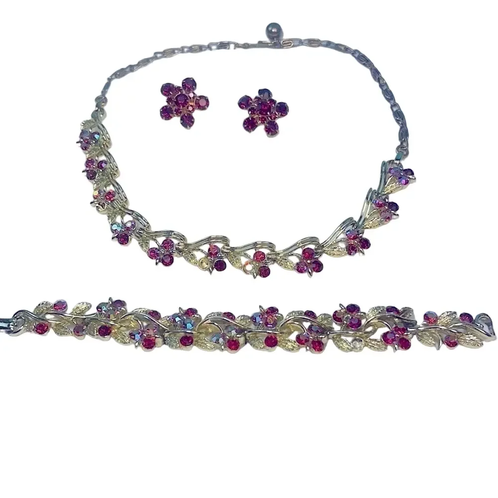Vintage LISNER Swarovski Ruby Red Crystal Demi Parure Necklace Bracelet Brooch